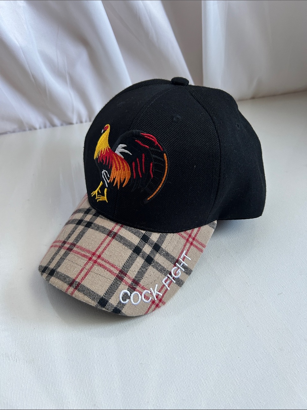 Big Bear Custom Vintage Baseball Cap with Embroidered Rooster and Plaid Brim